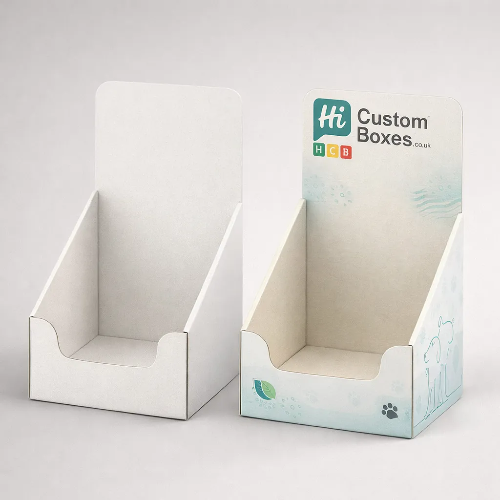 Two custom cardboard counter display units, one plain white and one with blue pet-themed branding. class=